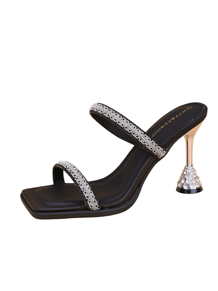 Chic Summer High-Heeled Sandals for Women, Rhinestone One-Strap Design, Backless Slip-On Cool Slippers, Trendy Footwear Chic Summer High-Heeled Sandals for Women, Rhinestone One-Strap Design, Backless Slip-On Cool Slippers, Trendy Footwear
