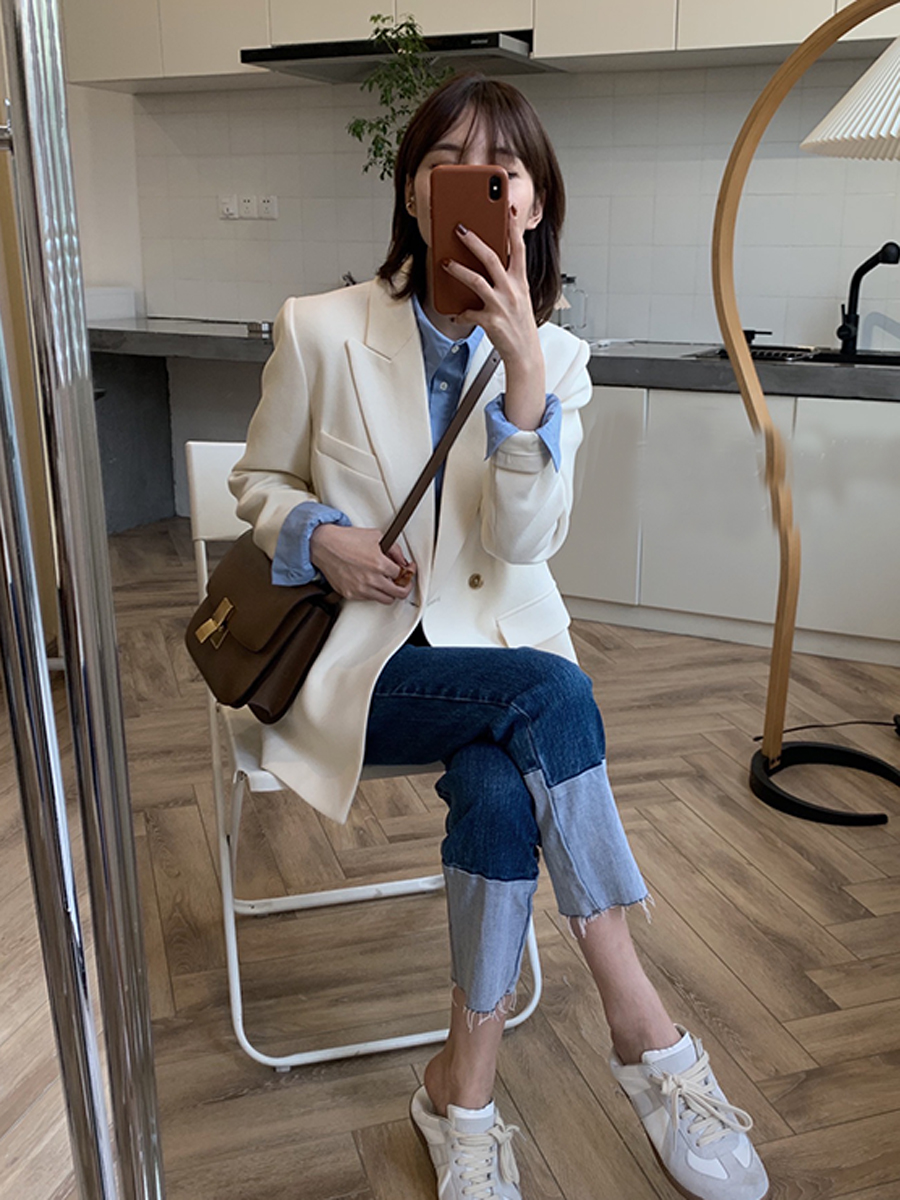 Chic White Petite Suit Jacket for Women - High-End Casual Blazer in Korean Style for Spring & Autumn 2025 Chic White Petite Suit Jacket for Women - High-End Casual Blazer in Korean Style for Spring & Autumn 2025