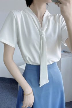 Chiffon Short-Sleeve V-Neck Top with Flowing Ribbons, Elegant Wrinkle-Resistant Summer Shirt for Women, OL Commuting Style 2025