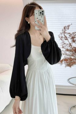 Chiffon Sun Protection Shawl Top for Women, Lantern Sleeves, Beaded Tassel, Versatile Slimming Outerwear for Spring & Summer