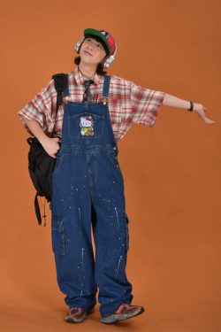 Childlike Retro Workwear Pocket Suspender Pants - Vintage Splash Paint Denim Floor-Length Trousers for Couples, Y2K Trend