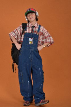 Childlike Retro Workwear Pocket Suspender Pants - Vintage Splash Paint Denim Floor-Length Trousers for Couples, Y2K Trend