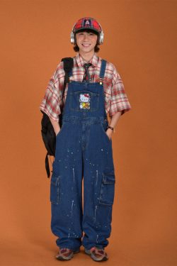 Childlike Retro Workwear Pocket Suspender Pants - Vintage Splash Paint Denim Floor-Length Trousers for Couples, Y2K Trend