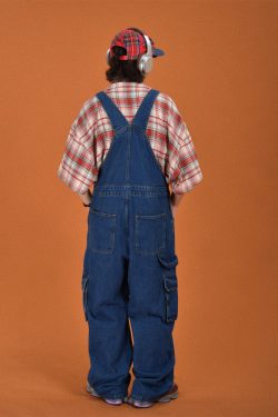 Childlike Retro Workwear Pocket Suspender Pants - Vintage Splash Paint Denim Floor-Length Trousers for Couples, Y2K Trend