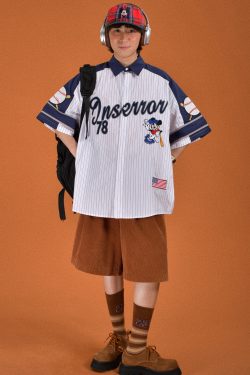 Childlike Striped Cartoon Embroidered Short Sleeve Shirt - Loose Fit Retro American Sports Style
