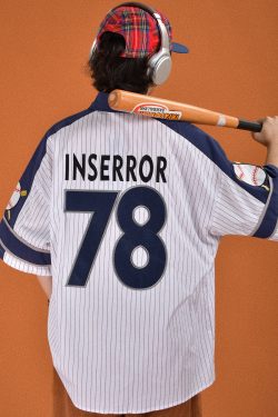 Childlike Striped Cartoon Embroidered Short Sleeve Shirt - Loose Fit Retro American Sports Style