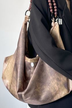 Chinese-Style Printed Dumpling Bag for Women, Versatile Large-Capacity Tote with Wooden Bead Shoulder Strap, National Style Fashion