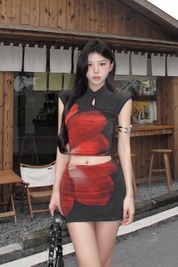 Chinese Style Qipao Collar Button Short Top and Pants Set - Three-Dimensional Printed Summer Outfit for a Chic Look