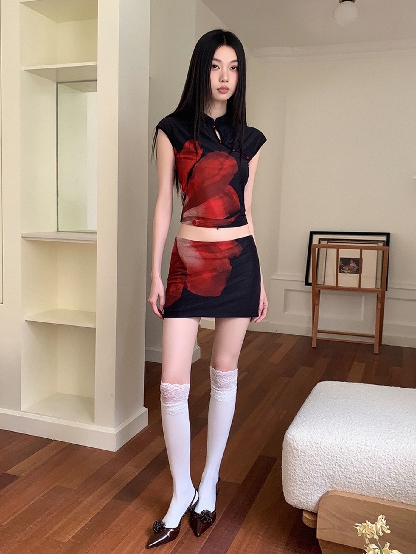 Chinese Style Qipao Collar Button Short Top and Pants Set - Three-Dimensional Printed Summer Outfit for a Chic Look Chinese Style Qipao Collar Button Short Top and Pants Set - Three-Dimensional Printed Summer Outfit for a Chic Look