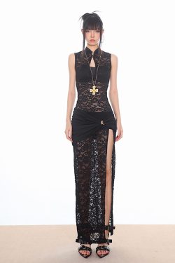 Chinese Style Sheer Lace High-Slit Dress – Sexy Long Skirt for Women, Elegant Evening Wear, Perfect for Y2K and Modern Fashion Trends