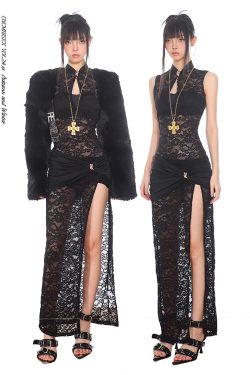 Chinese Style Sheer Lace High-Slit Dress – Sexy Long Skirt for Women, Elegant Evening Wear, Perfect for Y2K and Modern Fashion Trends