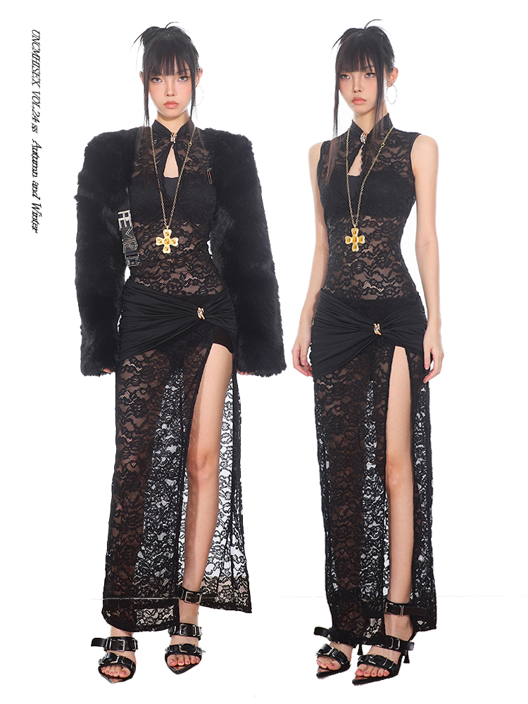 Chinese Style Sheer Lace High-Slit Dress – Sexy Long Skirt for Women, Elegant Evening Wear, Perfect for Y2K and Modern Fashion Trends Chinese Style Sheer Lace High-Slit Dress – Sexy Long Skirt for Women, Elegant Evening Wear, Perfect for Y2K and Modern Fashion Trends