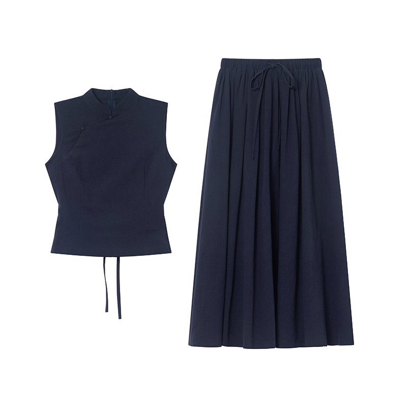 Chinese-Style Stand-Collar Vest and Half-Skirt Set for Women - Summer High-End Slimming Two-Piece Outfit Chinese-Style Stand-Collar Vest and Half-Skirt Set for Women - Summer High-End Slimming Two-Piece Outfit