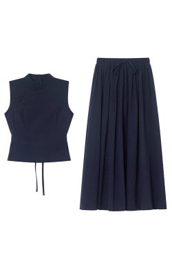 Chinese-Style Stand-Collar Vest and Half-Skirt Set for Women - Summer High-End Slimming Two-Piece Outfit