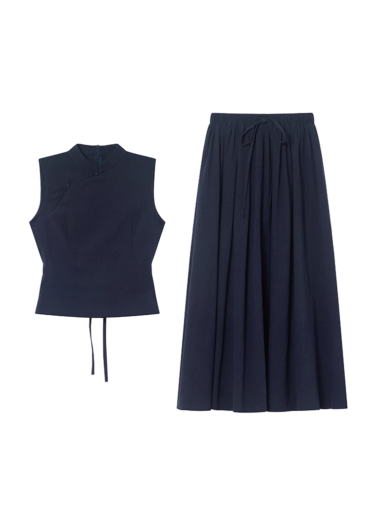 Chinese-Style Stand-Collar Vest and Half-Skirt Set for Women - Summer High-End Slimming Two-Piece Outfit Chinese-Style Stand-Collar Vest and Half-Skirt Set for Women - Summer High-End Slimming Two-Piece Outfit