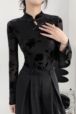 Chinese-Style Velvet Long Sleeve Top with Button Design - Slim Fit Vintage Shirt for Spring and Summer