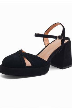 Chunky Heel Black Closed-Toe Platform Sandals for Women - Waterproof Cowhide Summer Footwear with Thick Bottom