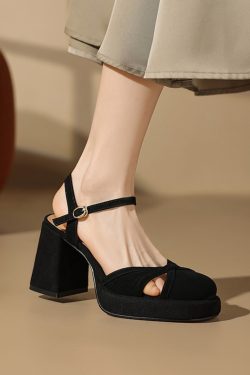 Chunky Heel Black Closed-Toe Platform Sandals for Women - Waterproof Cowhide Summer Footwear with Thick Bottom