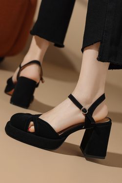 Chunky Heel Black Closed-Toe Platform Sandals for Women - Waterproof Cowhide Summer Footwear with Thick Bottom