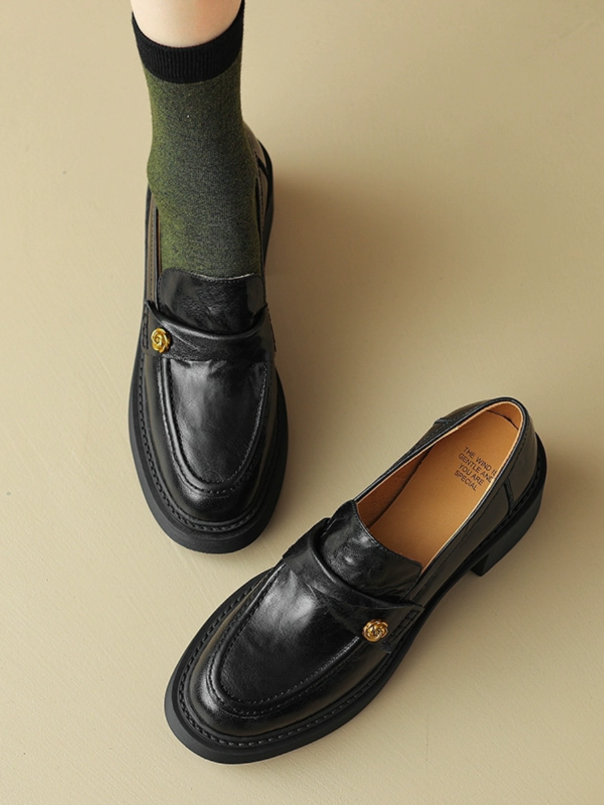 Chunky Heel Black Loafers for Women - Summer 2025 Small Leather Shoes with Camellia Design - Trendy and Stylish Chunky Heel Black Loafers for Women - Summer 2025 Small Leather Shoes with Camellia Design - Trendy and Stylish