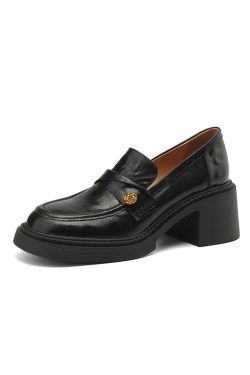 Chunky Heel Black Loafers for Women - Summer 2025 Small Leather Shoes with Camellia Design - Trendy and Stylish