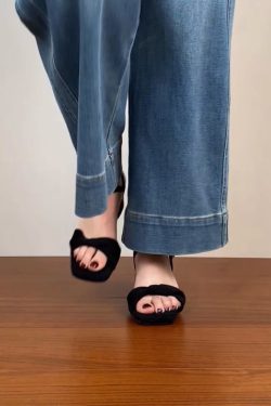 Chunky Heel Black Square Head Sandals for Women - Summer 2025 One-Word Leather Design, Trendy High Heels, Size 41