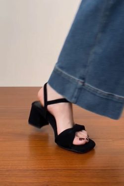 Chunky Heel Black Square Head Sandals for Women - Summer 2025 One-Word Leather Design, Trendy High Heels, Size 41