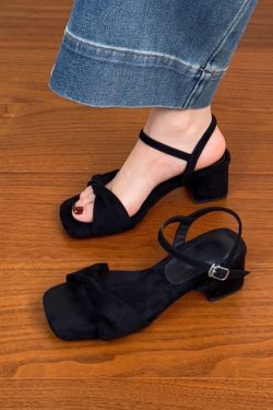 Chunky Heel Black Square Head Sandals for Women - Summer 2025 One-Word Leather Design, Trendy High Heels, Size 41
