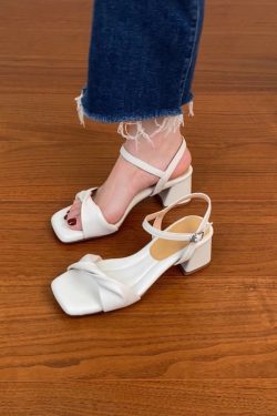 Chunky Heel Black Square Head Sandals for Women - Summer 2025 One-Word Leather Design, Trendy High Heels, Size 41