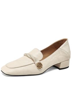 Chunky Heel Camellia Loafers for Women - Small Sheepskin Summer Shoes with Square Toe - Trendy Mid-Heel Footwear Size 41