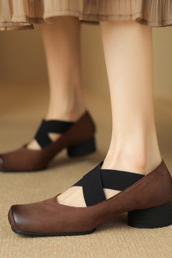 Chunky Heel Cross Strap Ballet Shoes for Women - Soft-Soled Mid Heels, 2025 Summer Style, Pig Nose Design
