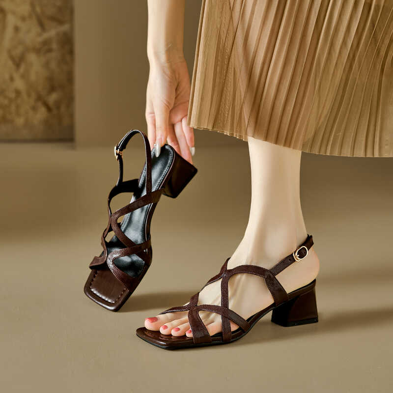 Chunky Heel Genuine Leather Open-Toe Hollow Back Strap Sandals for Women - Stylish Italian Design Chunky Heel Genuine Leather Open-Toe Hollow Back Strap Sandals for Women - Stylish Italian Design