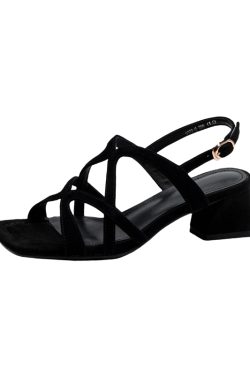 Chunky Heel Genuine Leather Open-Toe Hollow Back Strap Sandals for Women - Stylish Italian Design