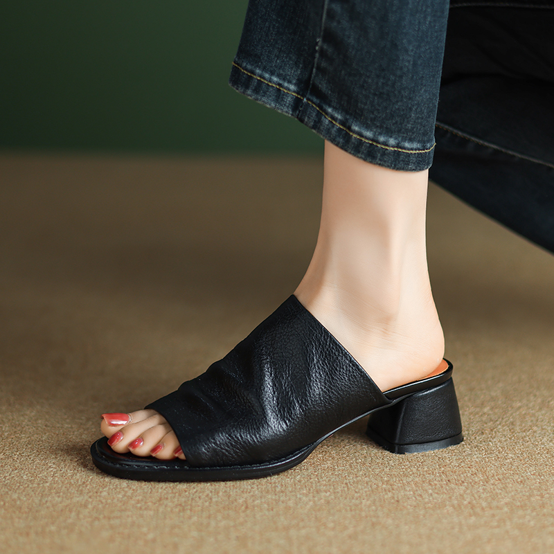 Chunky Heel Half Mules Sandals for Summer - Pure Leather One-Strap Cool Mules - Stylish Italian Summer Footwear Chunky Heel Half Mules Sandals for Summer - Pure Leather One-Strap Cool Mules - Stylish Italian Summer Footwear