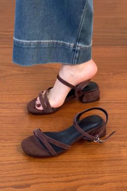 Chunky Heel Open-Toe One-Strap Sandals for Women - Summer 2025 Mid-Heel Sheepskin Footwear in Plus Sizes - Trendy Summer Style