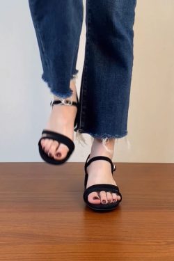Chunky Heel Open-Toe One-Strap Sandals for Women - Summer 2025 Mid-Heel Sheepskin Footwear in Plus Sizes - Trendy Summer Style