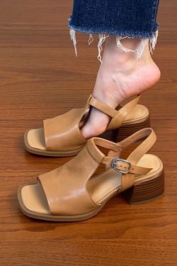 Chunky Heel Open Toe Sandals for Women - Black Square Toe Cowhide Summer 2025 Versatile High Heels