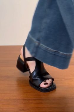 Chunky Heel Open Toe Sandals for Women - Black Square Toe Cowhide Summer 2025 Versatile High Heels
