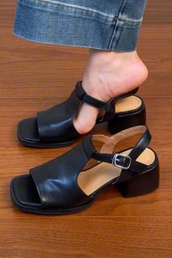 Chunky Heel Open Toe Sandals for Women - Black Square Toe Cowhide Summer 2025 Versatile High Heels