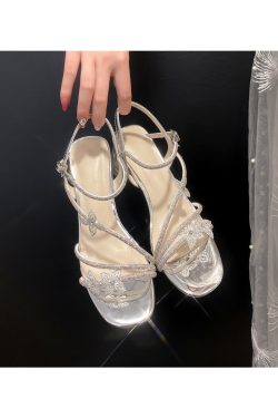 Chunky Heel Open-Toe Silver Rhinestone Sandals for Women with Stunning Bowknot Crystal Detail - Summer Fashion Must-Have