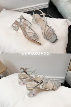 Chunky Heel Open-Toe Silver Rhinestone Sandals for Women with Stunning Bowknot Crystal Detail - Summer Fashion Must-Have