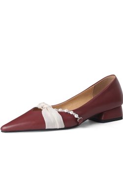 Chunky Heel Pearl Pointed Toe Women's Evening Shoes in Genuine Leather & Sheepskin Suede - Chic French Style