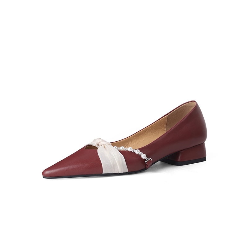 Chunky Heel Pearl Pointed Toe Women's Evening Shoes in Genuine Leather & Sheepskin Suede - Chic French Style Chunky Heel Pearl Pointed Toe Women's Evening Shoes in Genuine Leather & Sheepskin Suede - Chic French Style