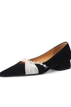 Chunky Heel Pearl Pointed Toe Women's Evening Shoes in Genuine Leather & Sheepskin Suede - Chic French Style