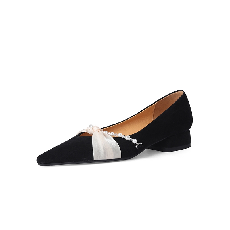 Chunky Heel Pearl Pointed Toe Women's Evening Shoes in Genuine Leather & Sheepskin Suede - Chic French Style Chunky Heel Pearl Pointed Toe Women's Evening Shoes in Genuine Leather & Sheepskin Suede - Chic French Style