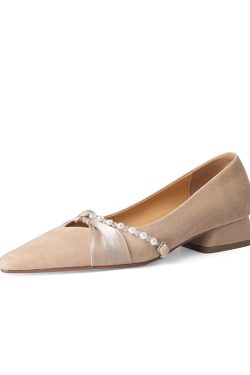 Chunky Heel Pearl Pointed Toe Women's Evening Shoes in Genuine Leather & Sheepskin Suede - Chic French Style