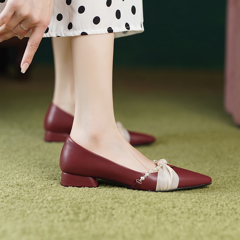 Chunky Heel Pearl Pointed Toe Women's Evening Shoes in Genuine Leather & Sheepskin Suede - Chic French Style Chunky Heel Pearl Pointed Toe Women's Evening Shoes in Genuine Leather & Sheepskin Suede - Chic French Style