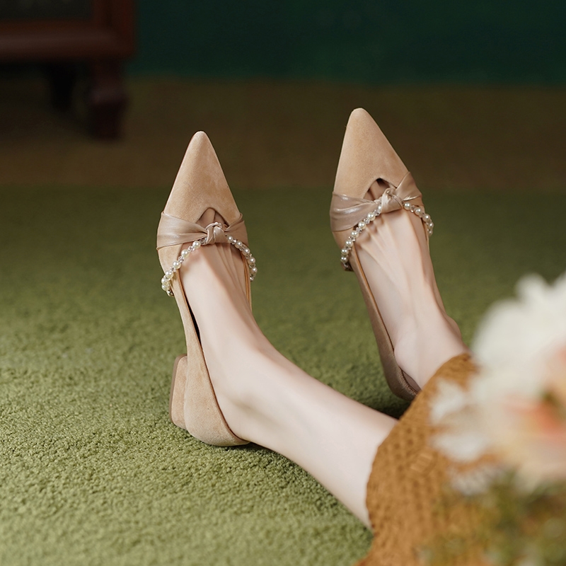 Chunky Heel Pearl Pointed Toe Women's Evening Shoes in Genuine Leather & Sheepskin Suede - Chic French Style Chunky Heel Pearl Pointed Toe Women's Evening Shoes in Genuine Leather & Sheepskin Suede - Chic French Style
