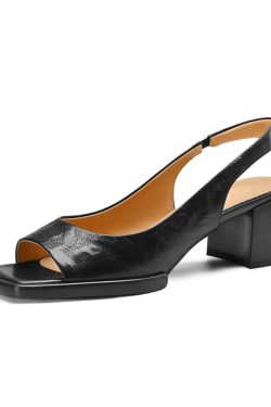 Chunky Heel Peep Toe Sandals for Women - Simple Square Toe, Back Strap, High Heel, 2025 Summer Style in Layered Cowhide