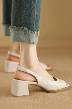 Chunky Heel Peep Toe Sandals for Women - Simple Square Toe, Back Strap, High Heel, 2025 Summer Style in Layered Cowhide